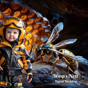 Puede incluir: Un niño con un disfraz de abeja amarillo y negro se encuentra frente a una estructura similar a un panal de abejas con una avispa grande en el fondo. El texto "Wasp's Nest Digital Backdrop" está en la parte inferior de la imagen.