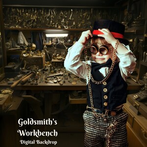 May include: A young person dressed in a steampunk style outfit, wearing a black top hat, goggles, and a waistcoat with a gold chain. The person is standing in front of a cluttered workbench filled with tools and metal objects. The text "Goldsmith's Workbench" is visible at the bottom of the image.