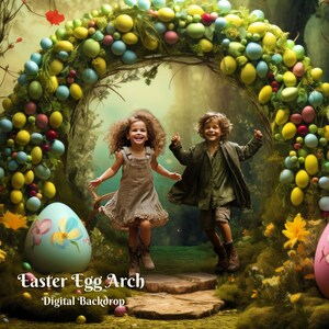 May include: Two children run through a whimsical archway made of green leaves and colourful Easter eggs. The archway is decorated with yellow, blue, and pink eggs. The children are smiling and appear to be having fun.
