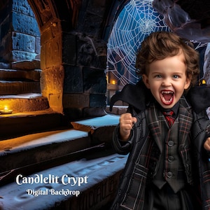 May include: A young child dressed as a vampire stands in a dark, stone crypt. The child is wearing a black cape and a plaid shirt. The crypt is lit by candles and has a cobweb in the background. The text "Candlelit Crypt Digital Backdrop" is at the bottom of the image.