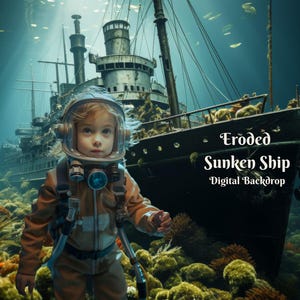 Könnte beinhalten: Ein junges Kind in einem Taucheranzug steht vor einem versunkenen Schiff. Das Schiff ist teilweise im Wasser versunken und von Korallen und Algen umgeben. Der Text "Eroded Sunken Ship - Digital Backdrop" ist auf dem Schiff zu sehen.
