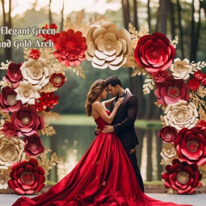 Red Floral Arch Backdrop Red and Gold Digital Backdrop Red Flower Arch Pre-Wedding Photography Background  Red and White Floral Arch