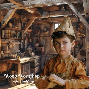 May include: A young person wearing a brown hat and a brown shirt stands in a wooden workshop. The workshop is filled with tools and other items, including a wooden table, shelves, and a bucket.