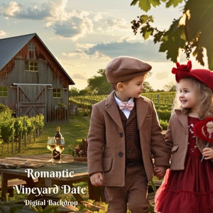May include: A digital backdrop featuring a romantic vineyard scene with a couple in vintage clothing, a wooden picnic table with wine glasses and a bottle of wine, a barn in the background, and the text "Romantic Vineyard Date - Digital Backdrop".