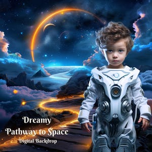 May include: A young child dressed in a white astronaut suit stands in front of a dreamy space scene. The background features a glowing orange ring, clouds, and a distant planet. The text "Dreamy Pathway to Space" is written below the child.