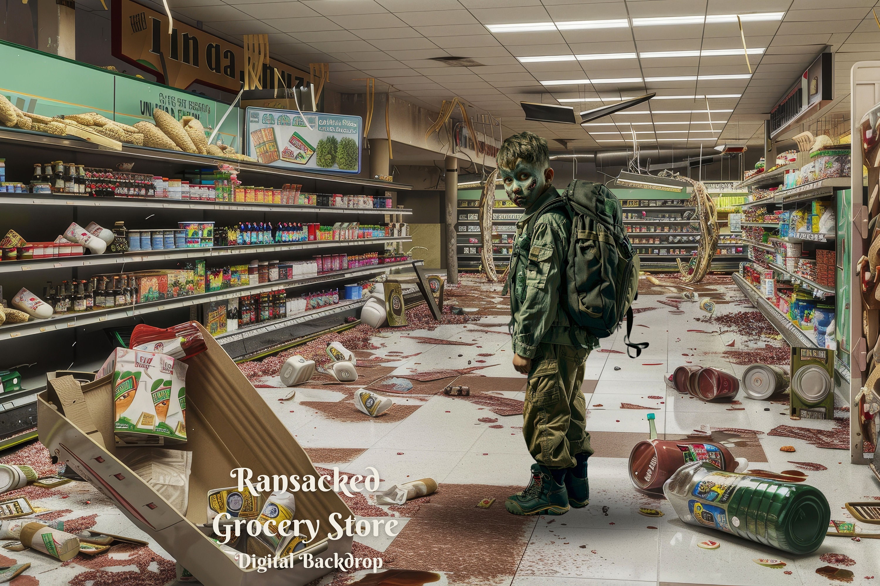 略奪された食料品店のデジタル背景、ゾンビの黙示録の合成画像、終末後の世界の終わりのデジタル背景
