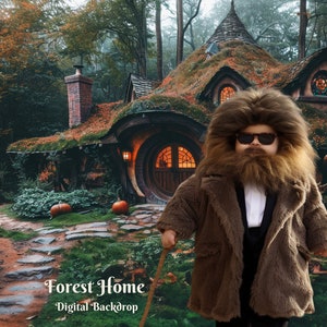 May include: A child in a brown fur coat, sunglasses, and a beard stands in front of a whimsical forest home. The scene includes a stone path, pumpkins, and the text "Forest Home Digital Backdrop."