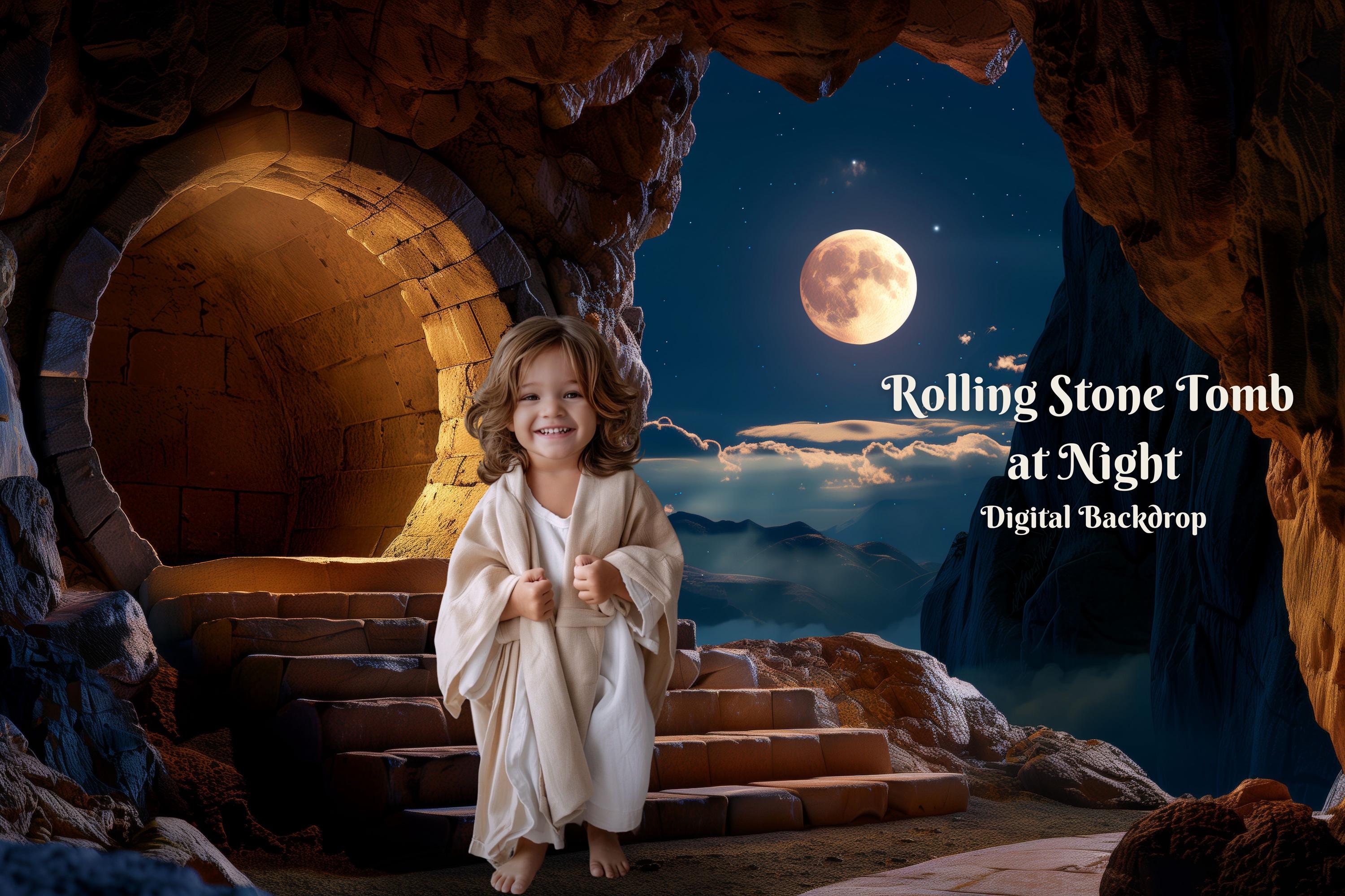 Tomb Reverberation Rolling Stone Tomb at Night Digital Backdrop Biblical Sepulcher Digital ...