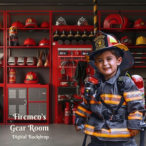 May include: A young child dressed as a firefighter stands in front of a red shelving unit filled with firefighter gear. The child is wearing a black and yellow firefighter jacket, a black helmet with a yellow stripe, and black pants. The shelves are filled with helmets, boots, and other firefighter equipment. The text "Firemen's Gear Room - Digital Backdrop" is printed on the floor in front of the child.