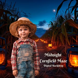 May include: Digital backdrop featuring a nighttime cornfield path lit by lanterns. A child in overalls and a straw hat stands in the path. Text on the image reads: 'Midnight Cornfield Maze', 'Digital Backdrop'.