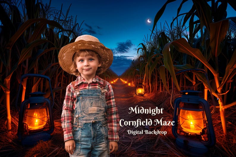 May include: Digital backdrop featuring a nighttime cornfield path lit by lanterns. A child in overalls and a straw hat stands in the path. Text on the image reads: 'Midnight Cornfield Maze', 'Digital Backdrop'.
