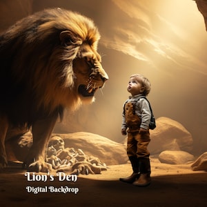 May include: A young child stands in a cave setting, looking up at a large, fierce lion with a mane. The lion is sitting on a pile of bones. The background is a golden, hazy cave with a light shining through the opening. The text "Lion's Den - Digital Backdrop" is at the bottom of the image.