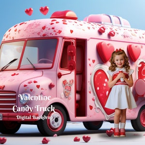 Valentine Candy Truck Digital Backdrop for Valentines Composite Images Pink Candy Truck Digital Background Hearts Day Fantasy Background