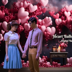 Heart Balloon Stage Digital Backdrop for Valentines Composite Images Hearts Day Digital Background for Romantic Photo Images for Heart's Day