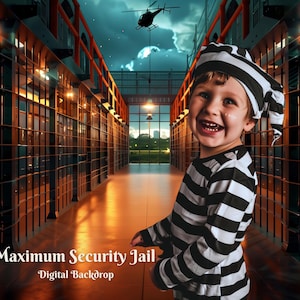 Peut inclure: Un enfant vêtu d'une combinaison rayée noire et blanche se tient dans un couloir de cellule de prison. Le couloir est bordé de cellules à barreaux. Le texte "Maximum Security Jail - Digital Backdrop" est en bas de l'image.