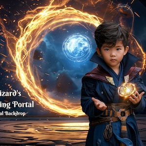May include: A digital backdrop showing a young person in a wizard's costume, set against a backdrop of a glowing portal. The image includes the text "Wizard's Traveling Portal Digital Backdrop". The wizard wears a blue and red robe and holds a glowing orb.