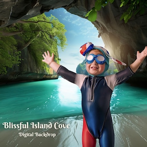 Blissful Island Cove Digital Backdrop Beach Cave Island Photo Background for Hot Summer Beach Composite Images Turquoise Blue Ocean Overlay