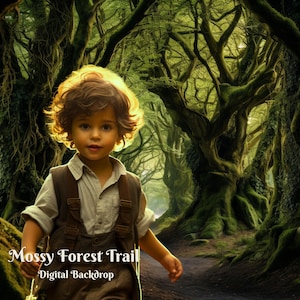 Pode incluir: Uma criança pequena com cabelo castanho encaracolado caminha por um caminho florestal coberto de musgo. O caminho é ladeado por árvores altas com troncos grossos e galhos cobertos de musgo. O texto "Mossy Forest Trail - Digital Backdrop" está na parte inferior da imagem.
