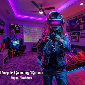 Purple Game Room Digital Backdrop for PC Master Race Composite Images Neon Lights Room Digital Background for Creative Game Room for Kids