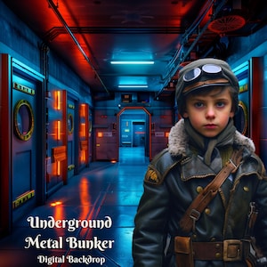 Peut inclure: Un jeune portant une veste en cuir marron avec une bordure en fourrure et des lunettes d'aviateur se tient dans un couloir métallique futuriste éclairé de lumières rouges et bleues. Le texte "Underground Metal Bunker Digital Backdrop" est visible en bas de l'image.
