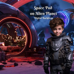 May include: A young person wearing a dark gray space suit stands in front of a futuristic spaceship with a glowing red ring. The spaceship is parked on an alien planet with a blue sky and a purple planet in the background. The text "Space Pod on Alien Planet Digital Backdrop" is displayed above the spaceship.
