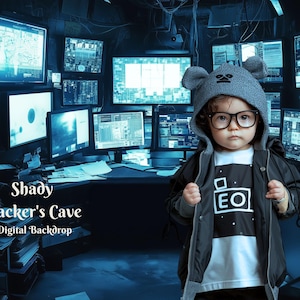 May include: A young person wearing a gray hooded sweatshirt with a camera graphic on the front, standing in front of a wall of computer monitors. The text "Shady Hacker's Cave" and "Digital Backdrop" is visible on the wall.