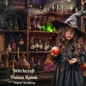 May include: A young girl dressed as a witch holds a red apple in a dimly lit room with shelves filled with bottles and jars. The room is decorated with candles and other witchy items. The text "Witchcraft Potion Room Digital Backdrop" is visible in the bottom center of the image.