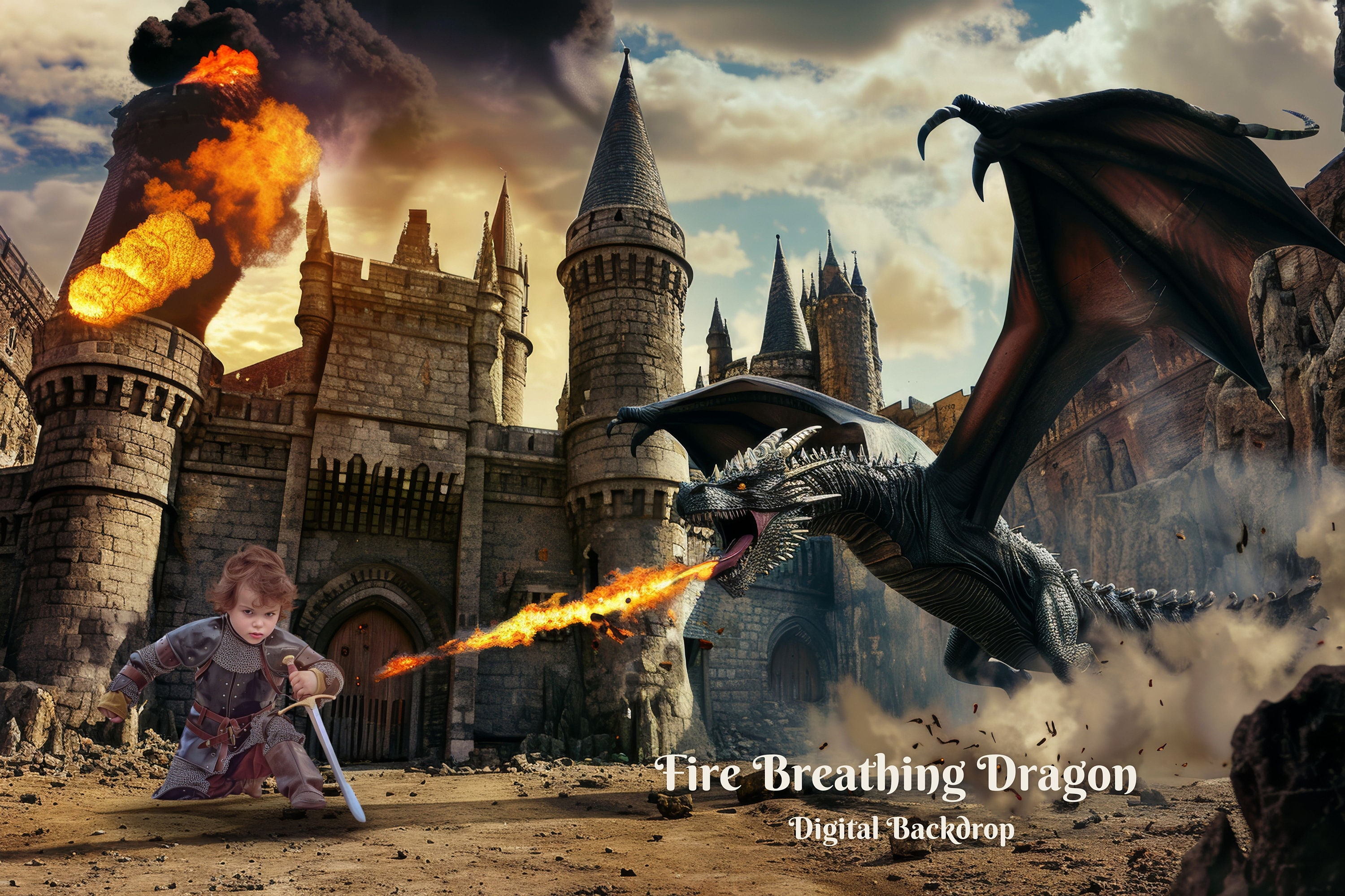 Fire Breathing Dragon Digital Backdrop Medieval Castle War Digital ...