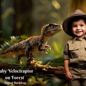 Baby Velociraptor on Forest Digital Backdrop Friendly Dinosaur Digital Background for Jurassic Period Dinosaurs Creative Composite Images