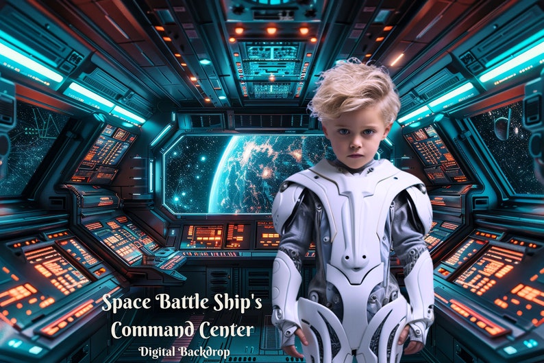 Space Battle Ship's Command Center Digital Backdrop for Advanced Future Technology Composite Images for Space Travel Creative Background image 1