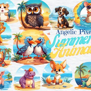 Summer Animals Clipart - Cartoon Style - Parrot - Dog - Bird - Lizard - Hamster - Lion - Hippo - Owl - Shirt - Fox - Water - Beach - Free