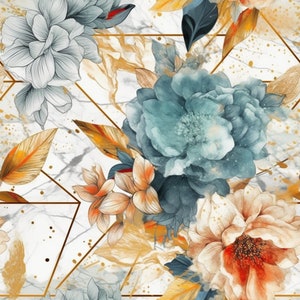 Floral and Marble with Gold Inlays Digital Pattern