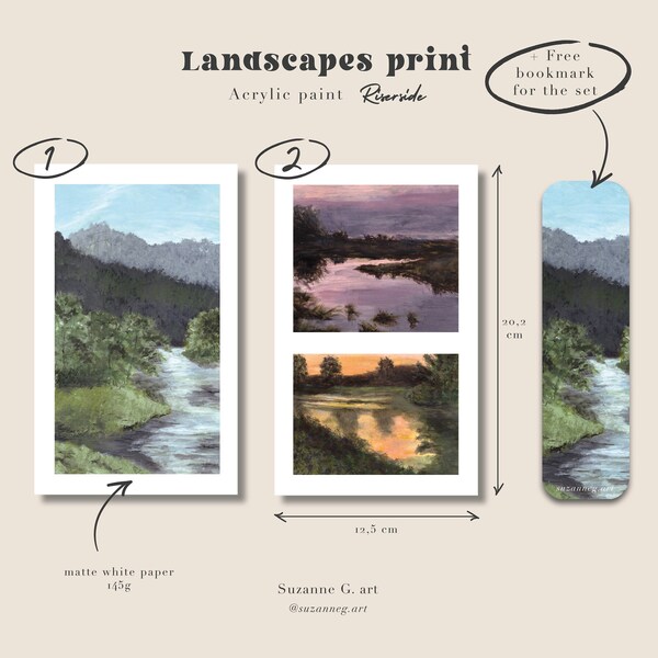 Landscape print, Riverside, riviere, coucher de soleil, paysage, nature, peinture, acrylique, marque page