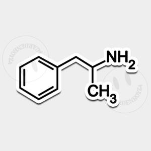 Può includere: Un adesivo bianco con un diagramma di struttura chimica nero. Il diagramma include un anello benzenico, una catena di atomi di carbonio e gruppi NH2 e CH3. L'adesivo ha un bordo bianco su sfondo grigio chiaro.