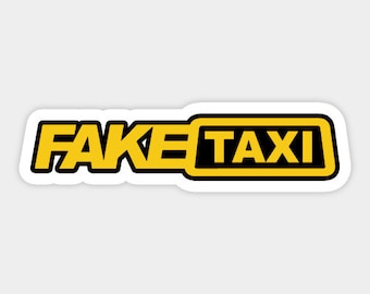May include: A yellow and black sticker with the text "FAKE TAXI" in bold black letters.