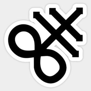 May include: A black and white symbol with an infinity symbol and a cross. The cross has four arms, each with a rounded end.