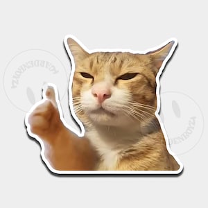 Op de afbeelding: Een gestanste sticker van een rosse cyperse kat met toegeknepen ogen, die een poot omhoog houdt in een duim-omhoog gebaar. De kat heeft witte vacht rond de snuit en borst, een roze neus en lange snorharen. Het ontwerp is voorzien van een witte rand.