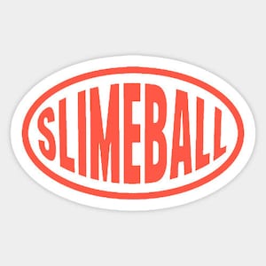 May include: Oval sticker with the word "SLIMEBALL" in bold, coral-colored letters. The text is inside a coral-colored oval border, set against a white background. The sticker has a clean, modern design.
