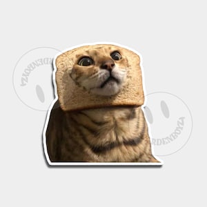 May include: A sticker featuring a cat with a slice of bread on its head. The cat has wide eyes and a surprised expression. The sticker has a white border and a smiley face logo on the side.