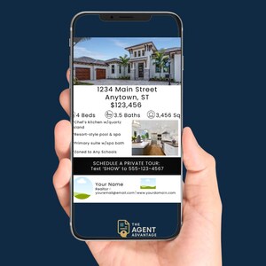 Può includere: Uno smartphone mostra un annuncio immobiliare per una casa con esterno bianco, porta del garage marrone e palme. L'annuncio include l'indirizzo, il prezzo, il numero di camere da letto e bagni e i metri quadrati. Il testo sullo schermo dice "Programma una visita privata."