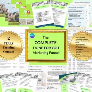 May include: A marketing funnel graphic with the text "The COMPLETE DONE FOR YOU Marketing Funnel" in a gold frame. The image includes a gold seal that says "2 YEARS Farming Content" and other marketing materials.