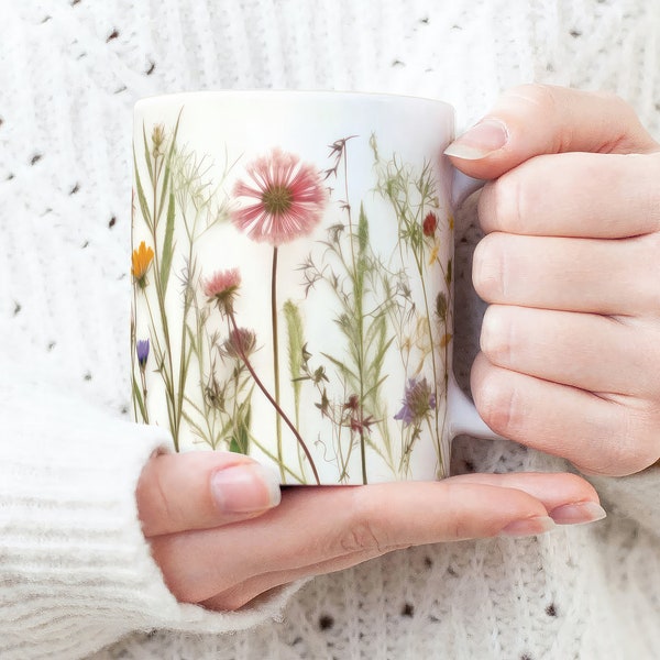 Pressed Wildflowers Mug, Boho Flowers Cottagecore Coffee Mug, Vintage Botanical Tea Cup, Pastel Floral Nature Mug, Flower Garden Lover Gift