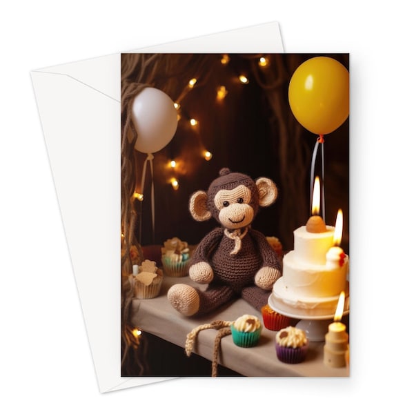 Wool Monkey Birthday Card | Cheeky Happy Monkey having a Birthday Party | Wooly Monkey with cake & balloons. Highest Quality, Free Delivery