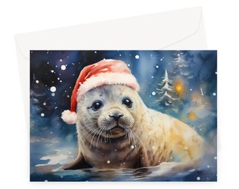 Baby Seal Christmas Card - Beautiful christmas holiday cards with a painting of a baby seal wearing a santa hat