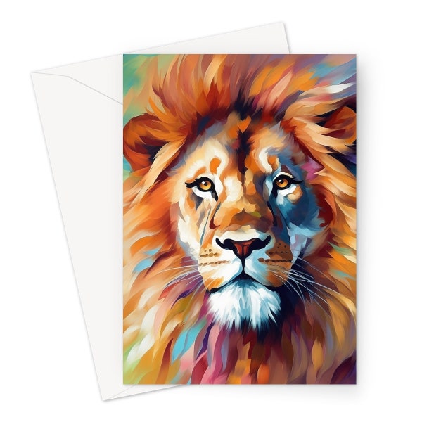 Lion Card - A colourful blank birthday or greetings card with an abstract painting of a lion
