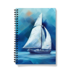 Blue Sailboat Notebook - A4/A5 Spiral Bound, Graph or Lined Paper - Perfect Christmas Present, Stocking Filler or Birthday Gift