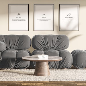Minimalist Islamic Wall Art Set – Tawakkul, Sabr, Shukr | Arabic Calligraphy Digital Prints | Muslim Home Decor | Quran-Inspired Posters