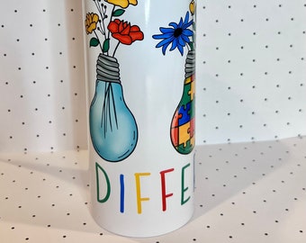 Autism Awareness Tumbler, 20 oz steel cup. It's Ok to be different. Skinny Tumbler. Neurodiversity Awareness. Autism Lightbulb.