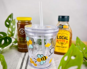 Honey Bee Clear Kids Cup, Gift for kid, Plastic Tumbler, Reusable Cold Cup, Spill Proof Kids Cup, Kids Tumbler, Kids sip cup