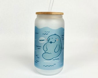 Cute Manatee Cup, Manatee Glass Can, Gift for her, Kawaii Animal Cup, Kawaii Manatee, Cute Coffee Cup, Chubby Mermaid, Cute Gift, Sea Cow